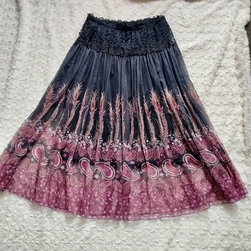 Chic Black & Pink/Purple A-Line Skirt Whimsigoth Gypsy Boho Festival